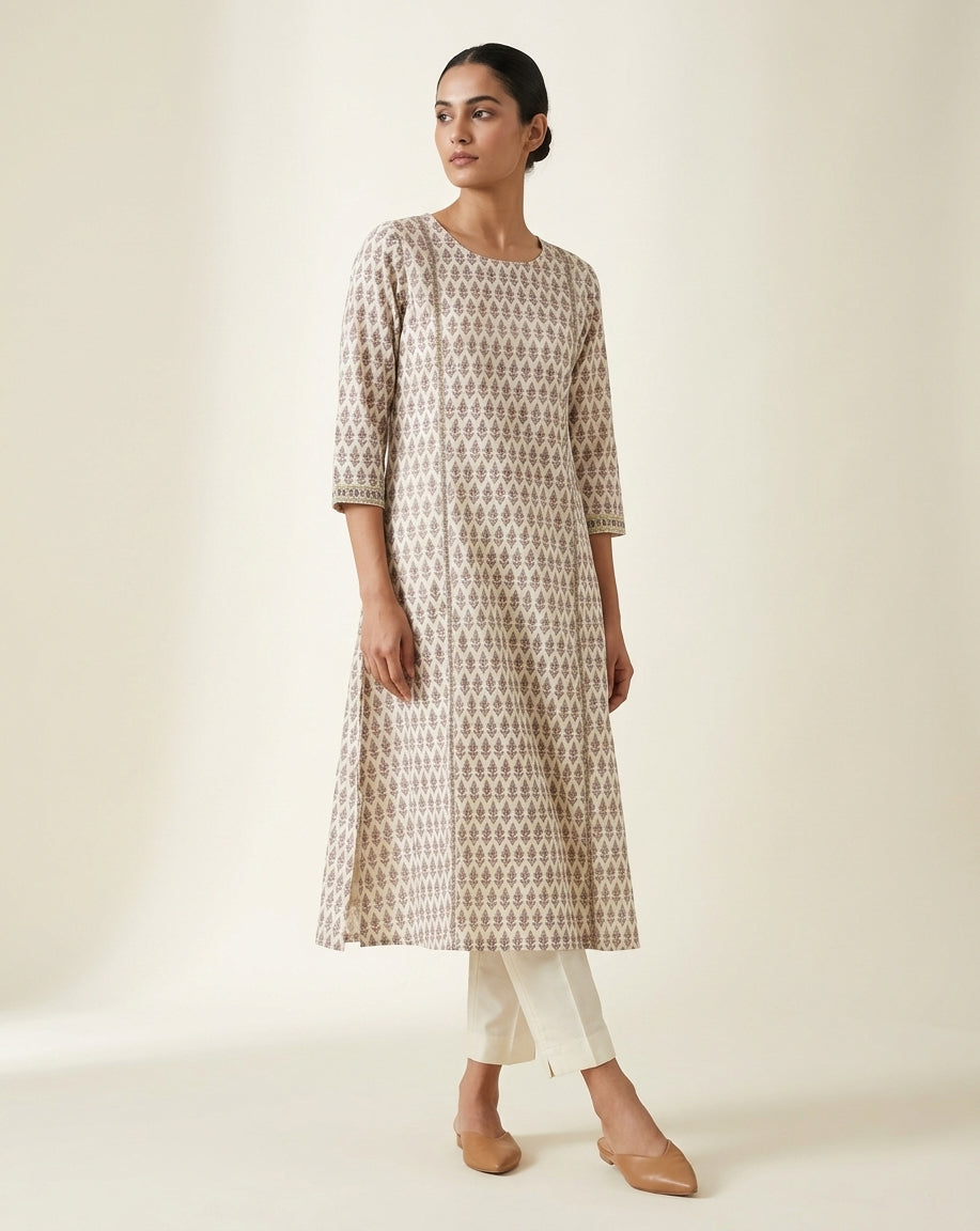 Ivory and Mauve Traditional Boota Printed Cotton A-Line Kurta