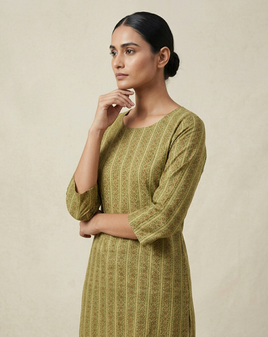 Olive Green Vertical Geometric Printed Cotton Straight Kurta