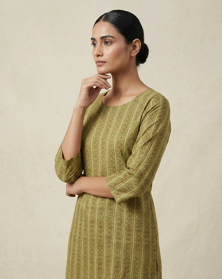 Olive Green Vertical Geometric Printed Cotton Straight Kurta