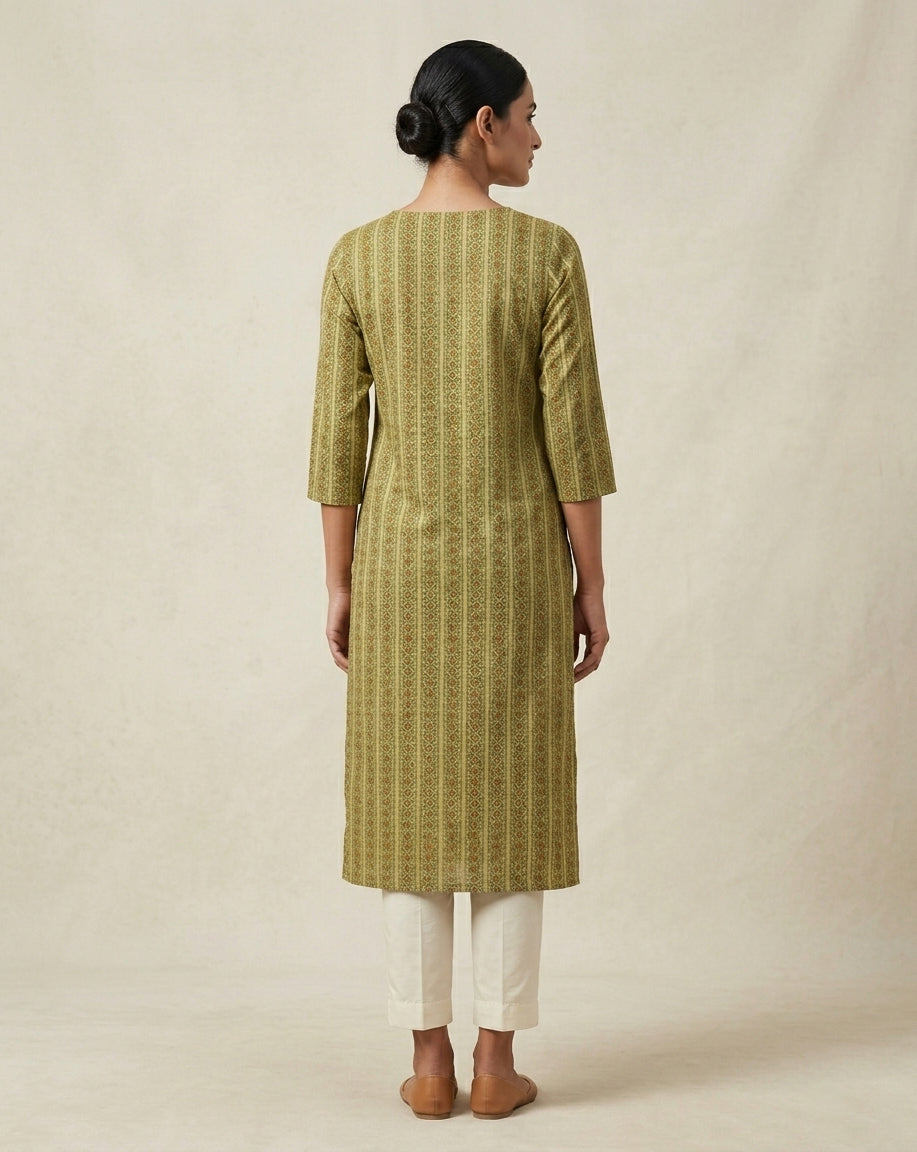 Olive Green Vertical Geometric Printed Cotton Straight Kurta
