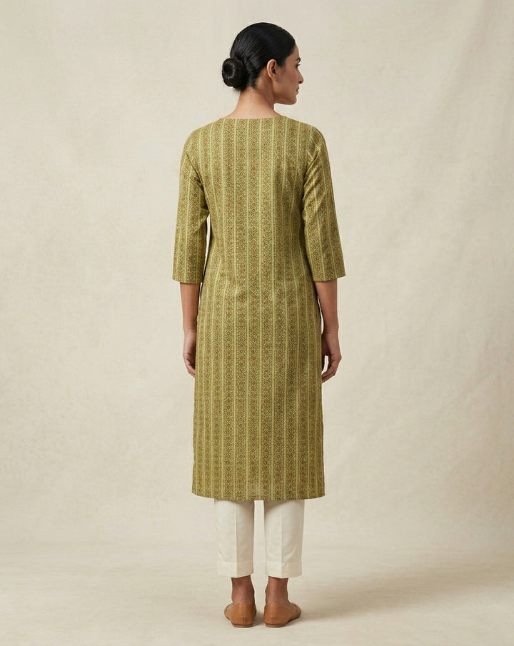 Olive Green Vertical Geometric Printed Cotton Straight Kurta