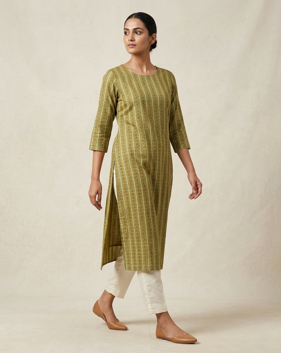 Olive Green Vertical Geometric Printed Cotton Straight Kurta