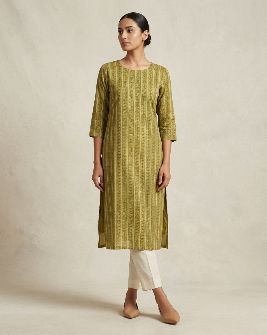 Olive Green Vertical Geometric Printed Cotton Straight Kurta