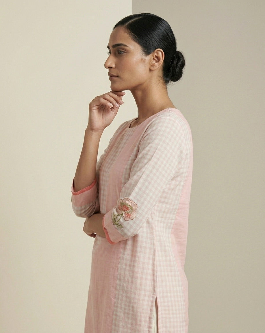 Pastel Pink Botanical Floral Placement Cotton Straight Kurta