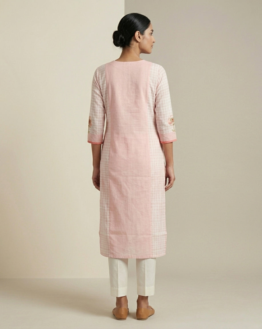 Pastel Pink Botanical Floral Placement Cotton Straight Kurta