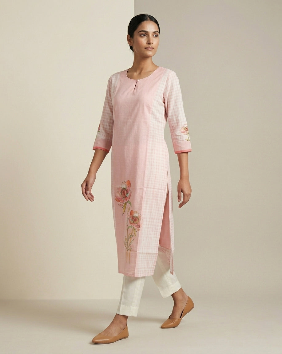 Pastel Pink Botanical Floral Placement Cotton Straight Kurta