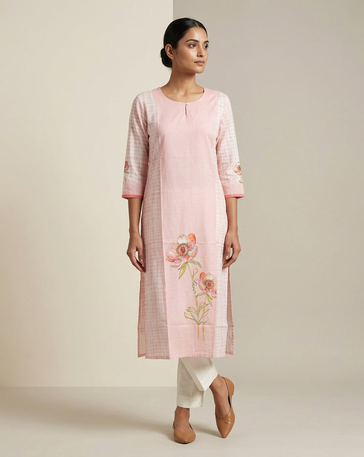 Pastel Pink Botanical Floral Placement Cotton Straight Kurta