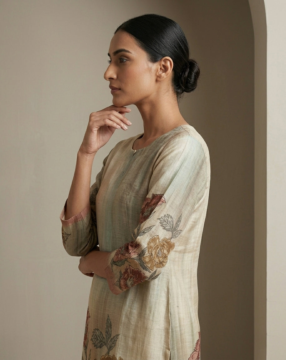 Beige Botanical Floral Printed Cotton Straight Kurta