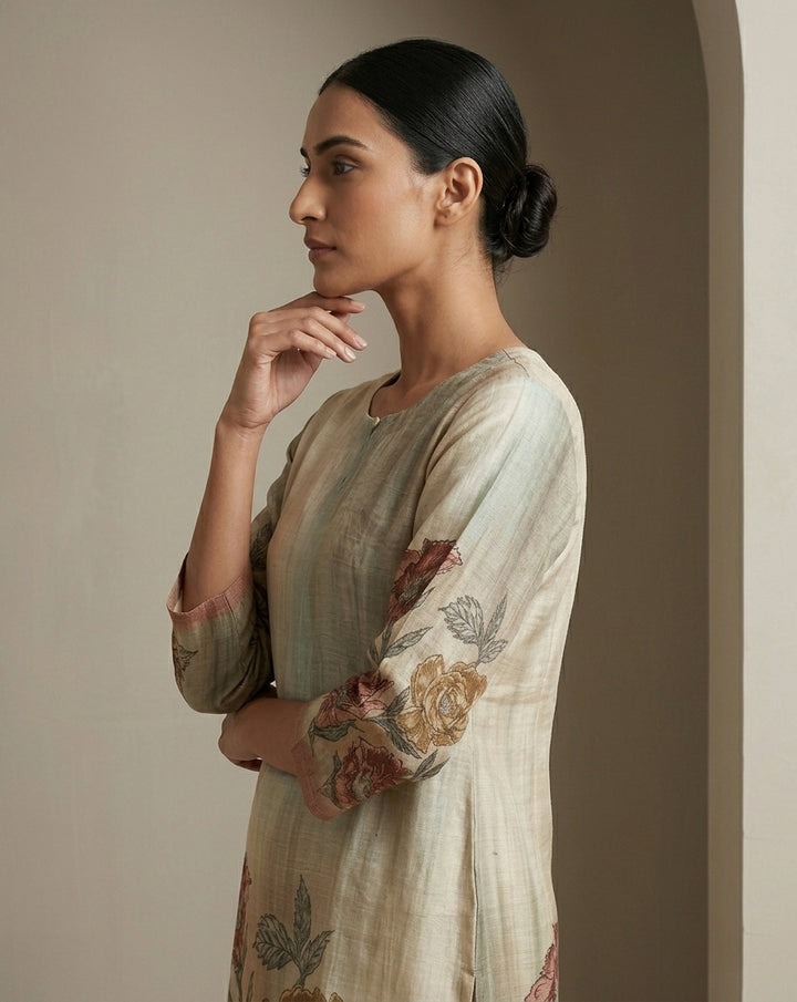 Beige Botanical Floral Printed Cotton Straight Kurta