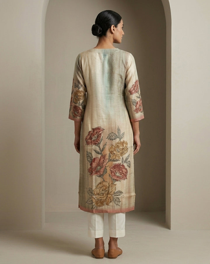 Beige Botanical Floral Printed Cotton Straight Kurta