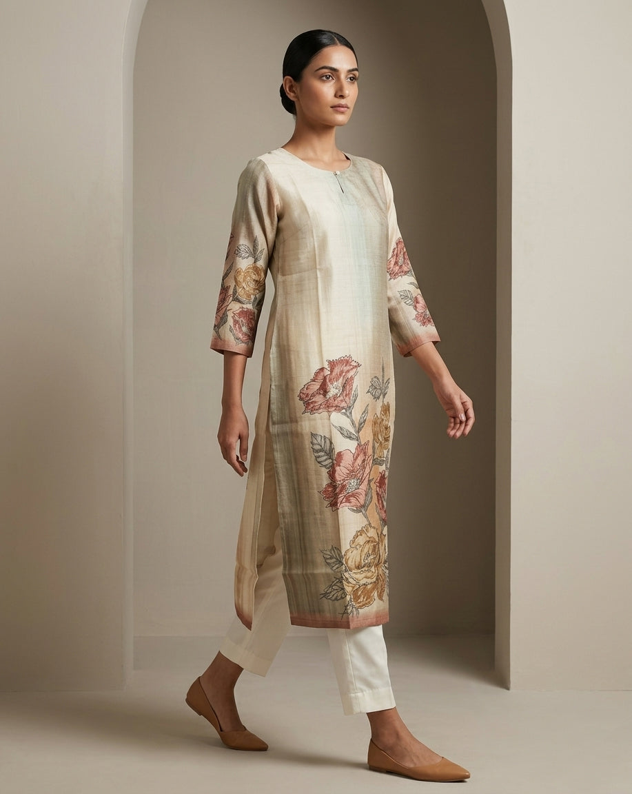 Beige Botanical Floral Printed Cotton Straight Kurta