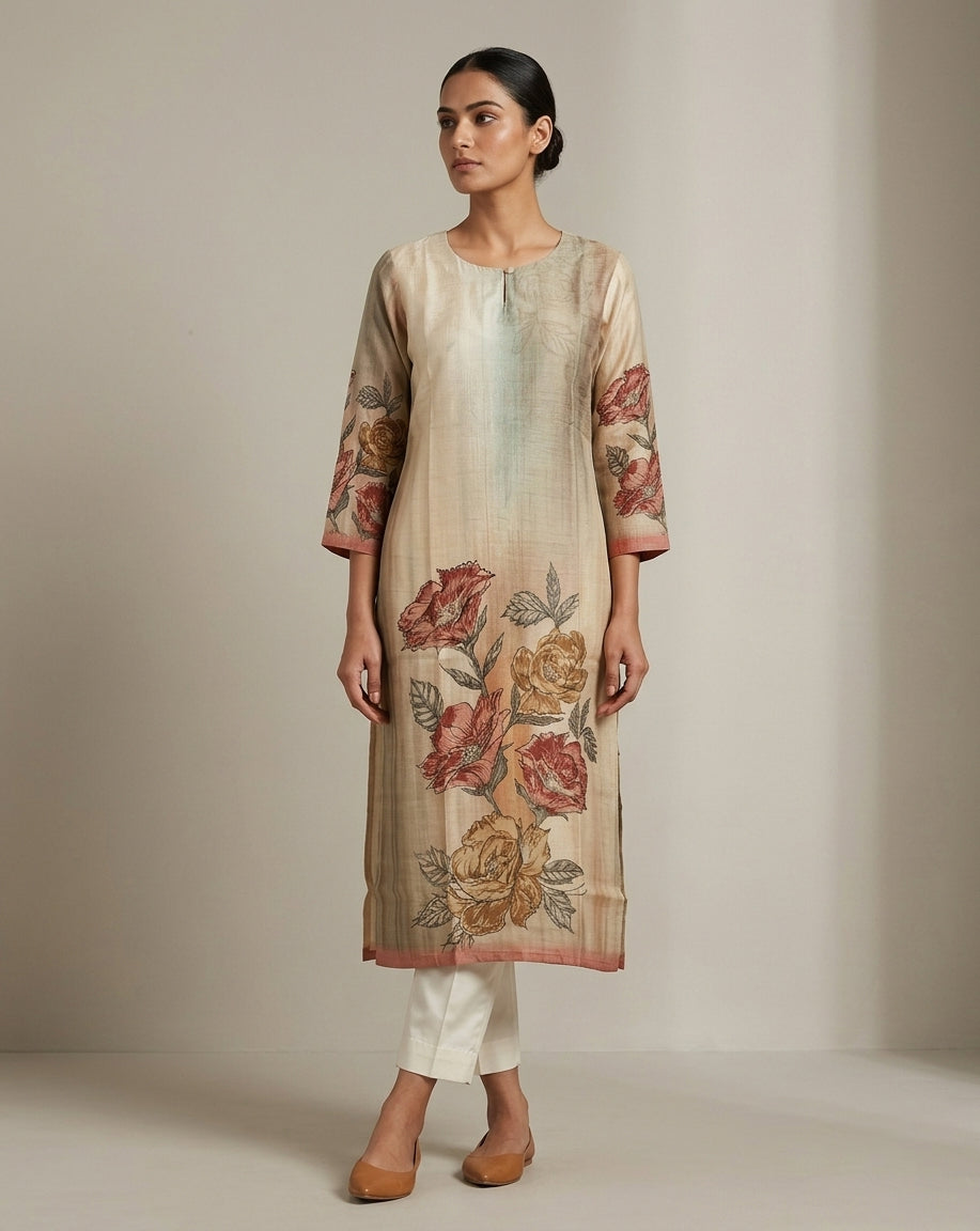 Beige Botanical Floral Printed Cotton Straight Kurta