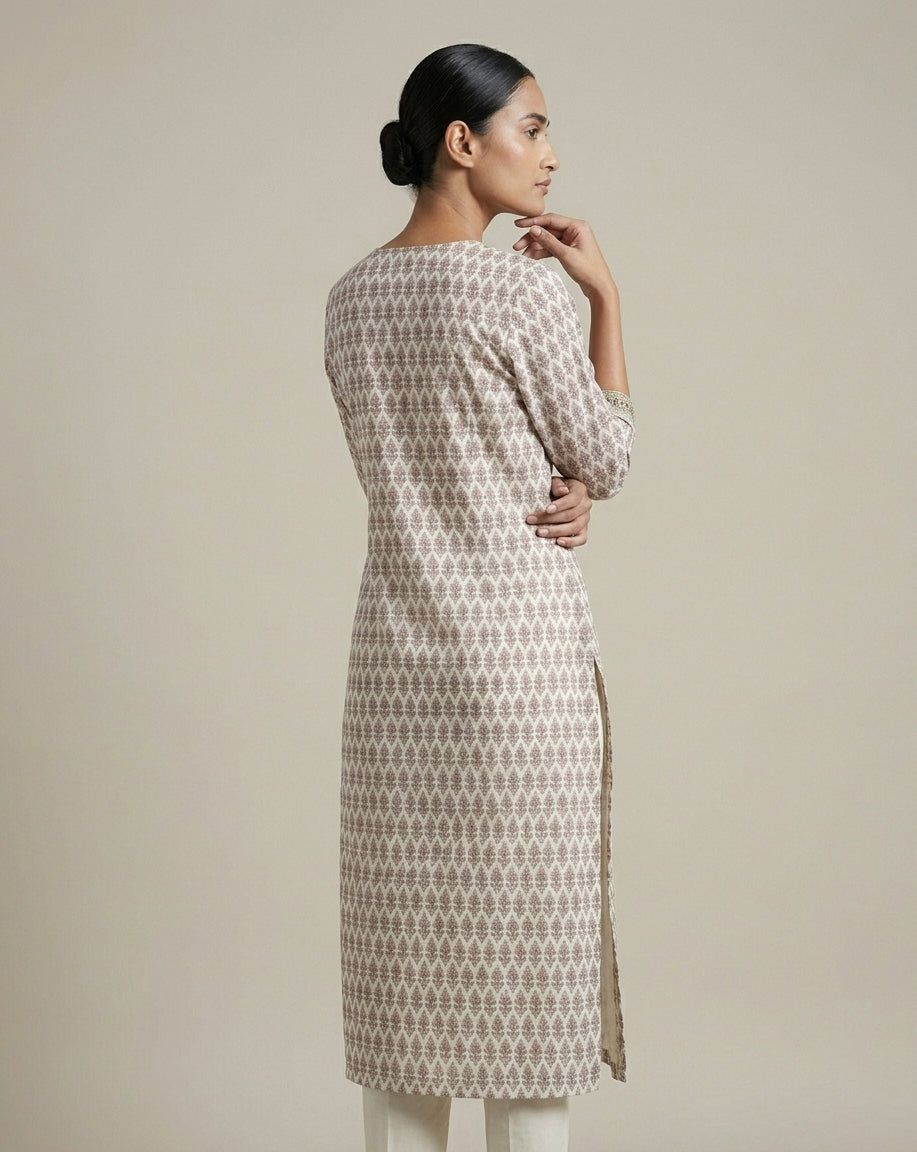 Ivory and Mauve Traditional Boota Printed Cotton A-Line Kurta
