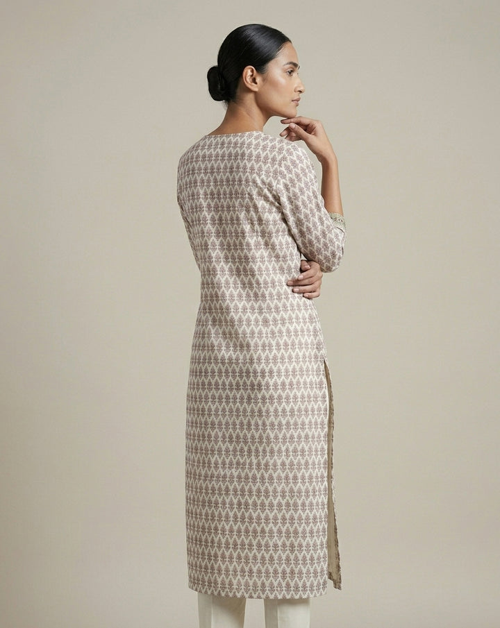 Ivory and Mauve Traditional Boota Printed Cotton A-Line Kurta