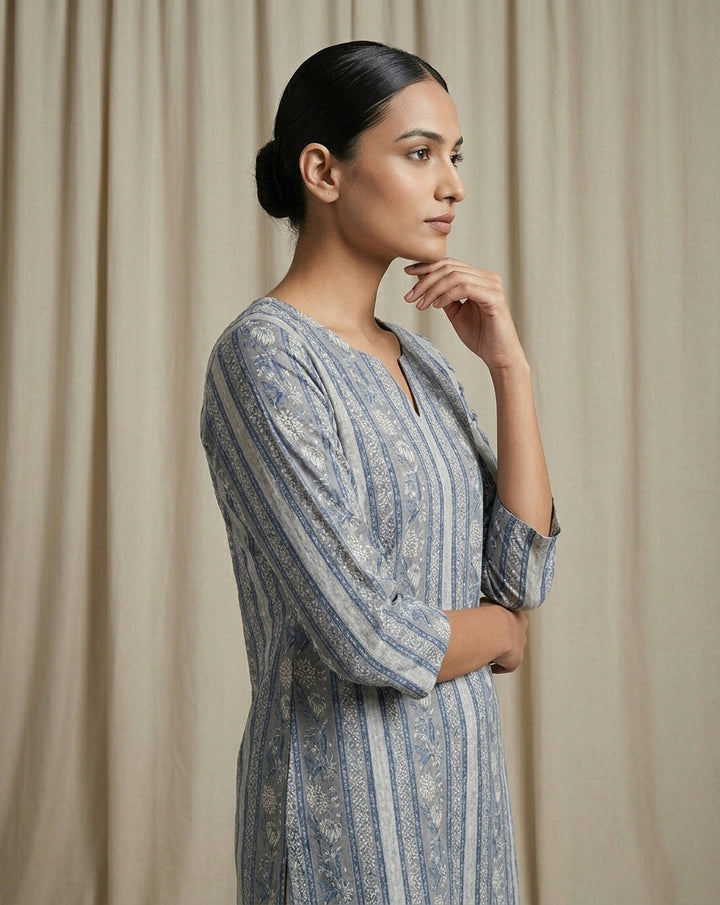 Blue and White Vertical Striped Floral Printed Cotton Straight Kurta