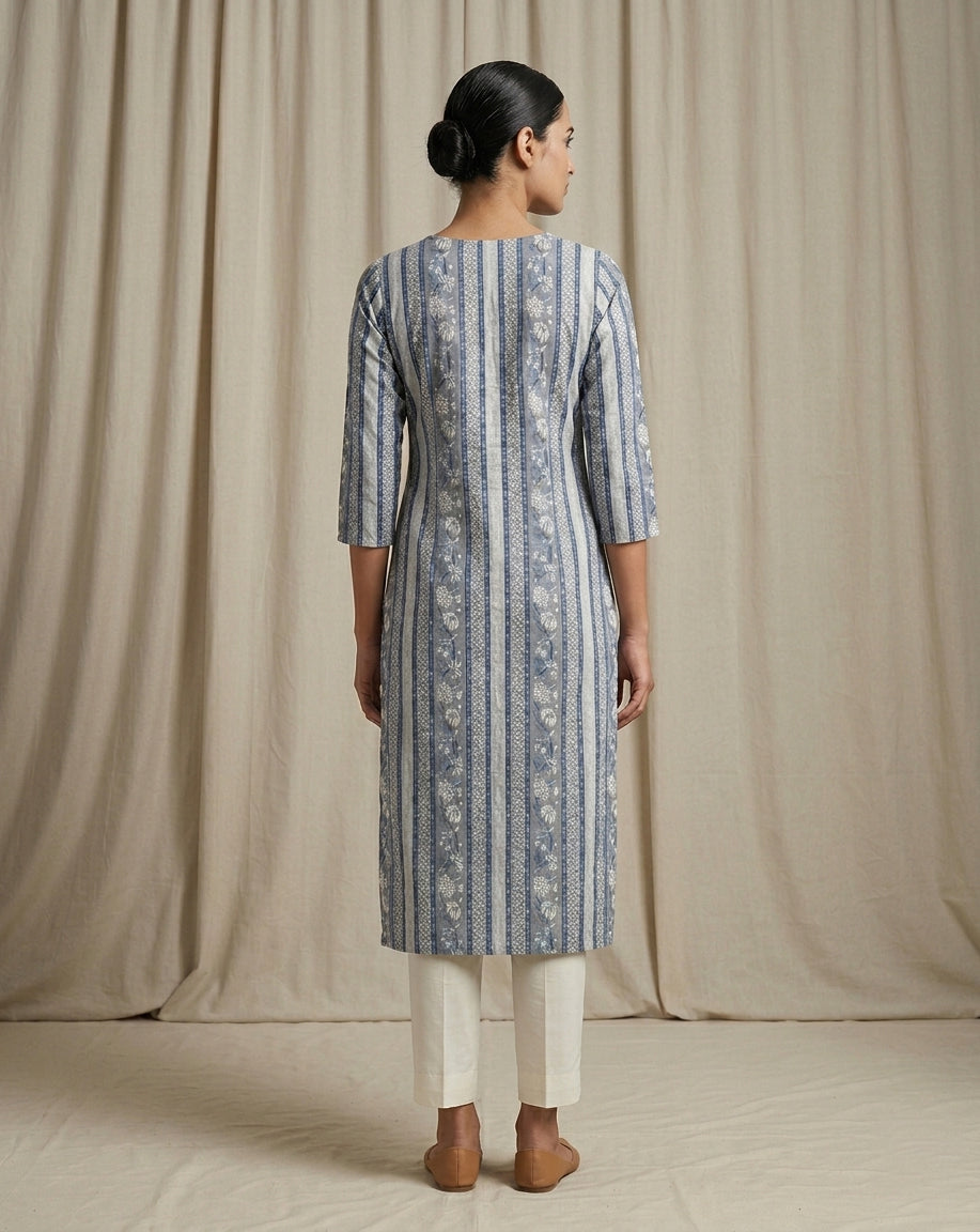 Blue and White Vertical Striped Floral Printed Cotton Straight Kurta