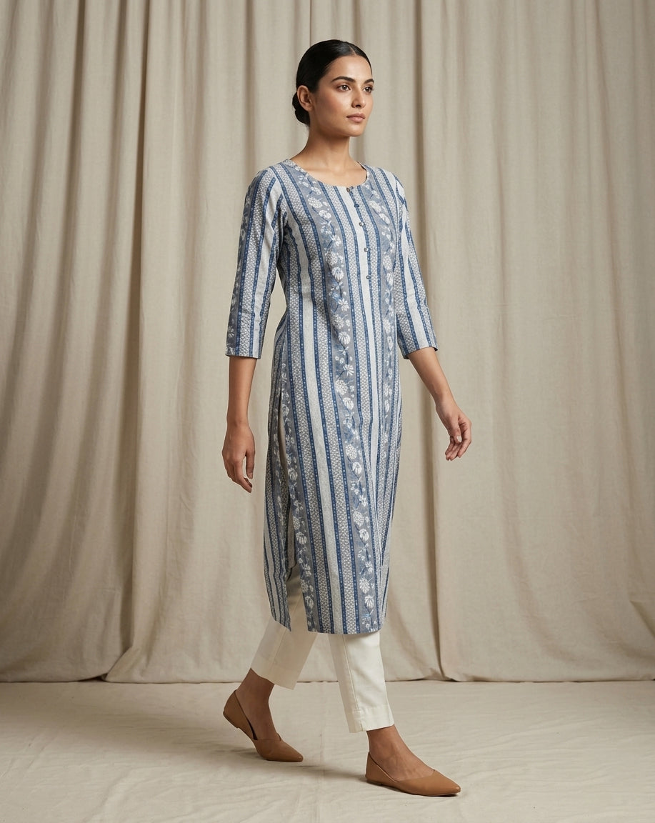 Blue and White Vertical Striped Floral Printed Cotton Straight Kurta