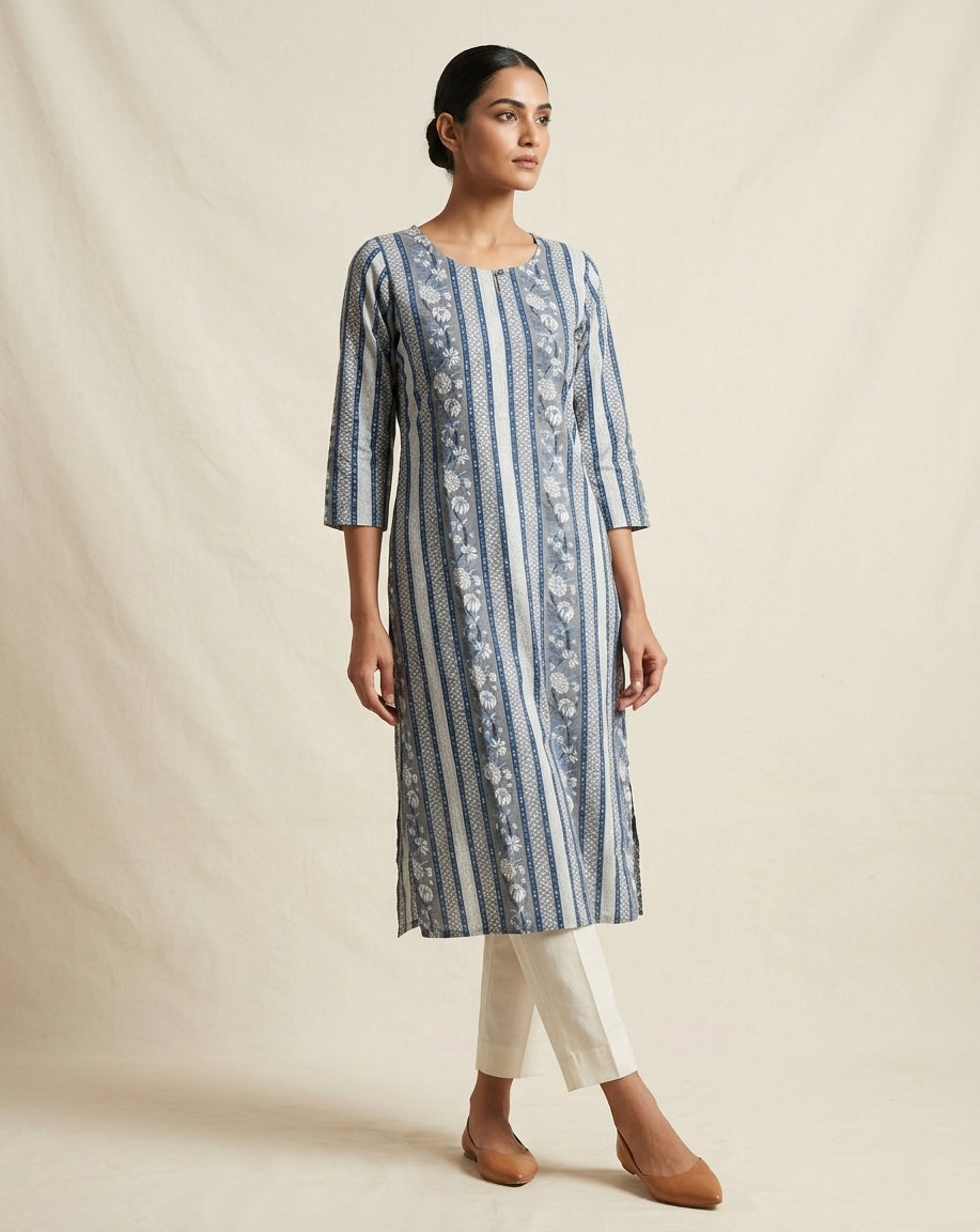 Blue and White Vertical Striped Floral Printed Cotton Straight Kurta