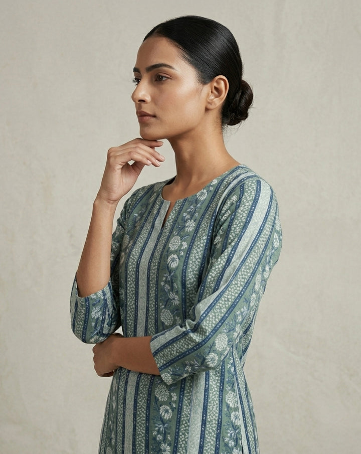 Teal Green Vertical Striped Floral Printed Cotton Straight Kurta