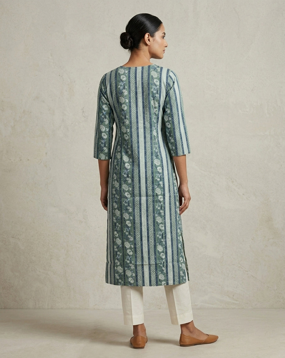 Teal Green Vertical Striped Floral Printed Cotton Straight Kurta