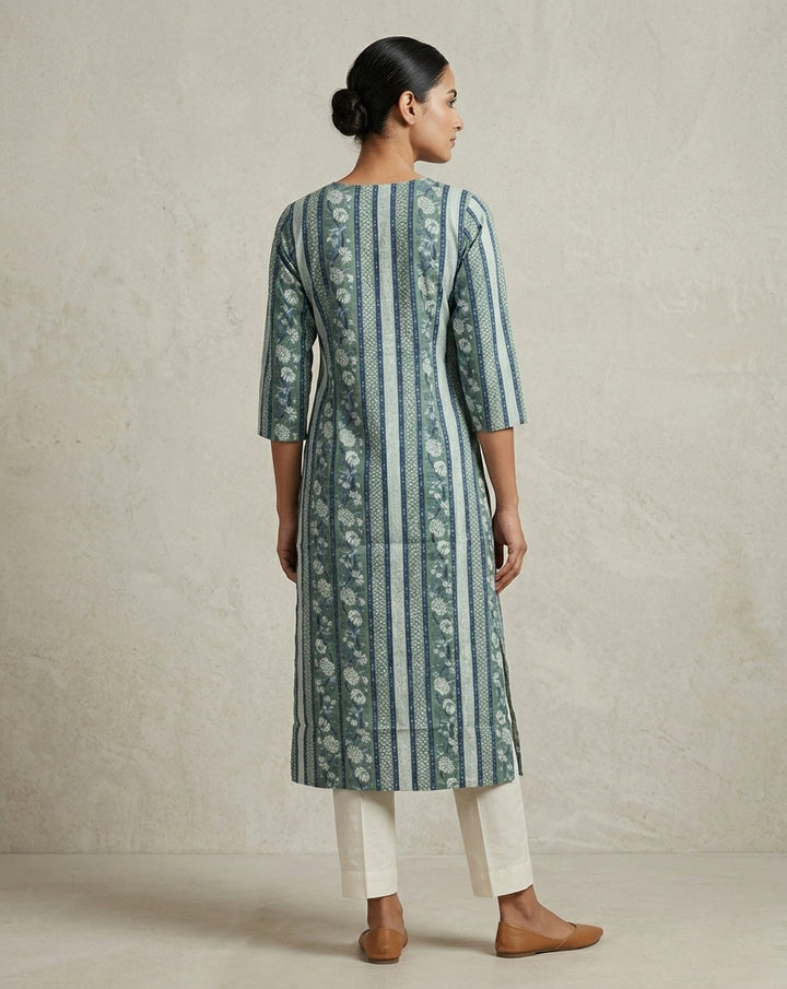 Teal Green Vertical Striped Floral Printed Cotton Straight Kurta