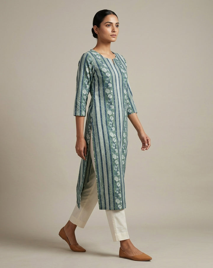 Teal Green Vertical Striped Floral Printed Cotton Straight Kurta