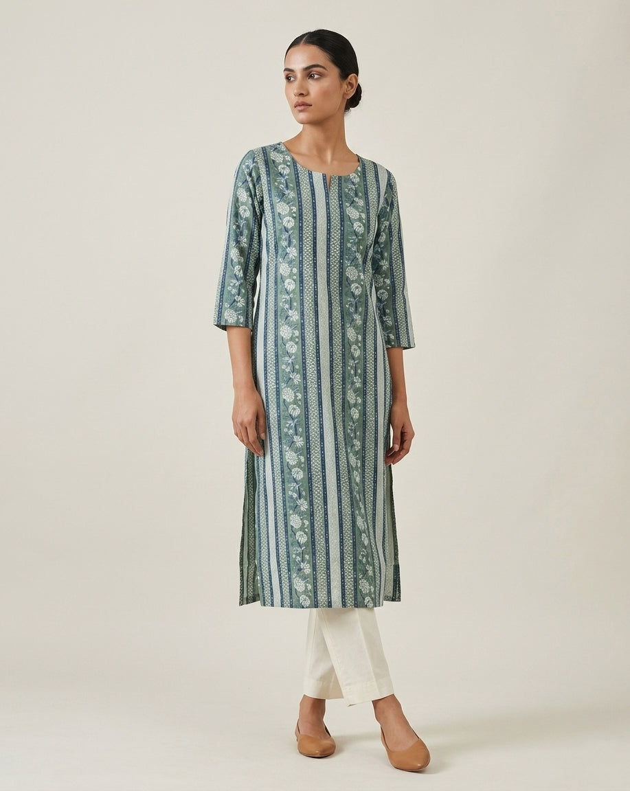 Teal Green Vertical Striped Floral Printed Cotton Straight Kurta