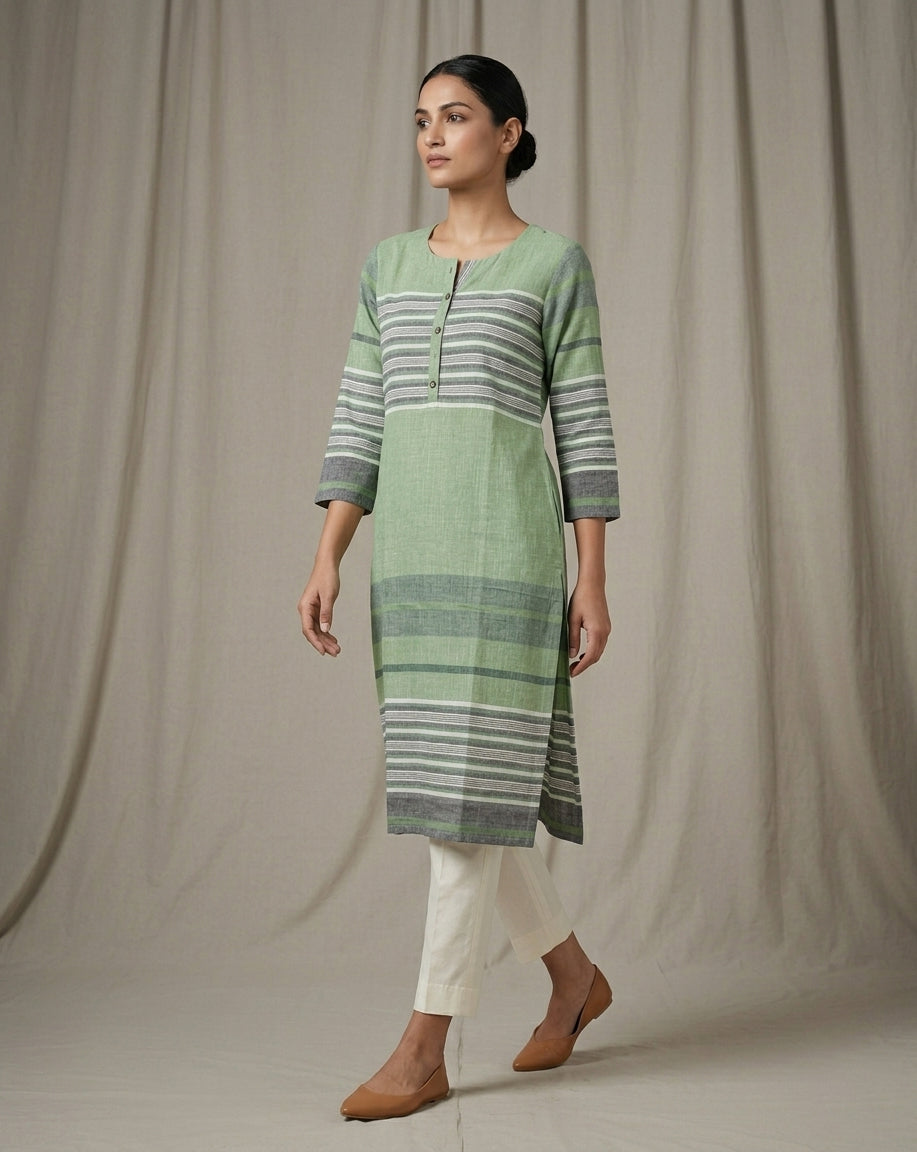 Sage Green Horizontal Striped Cotton Straight Kurta