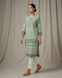 Sage Green Horizontal Striped Cotton Straight Kurta 2