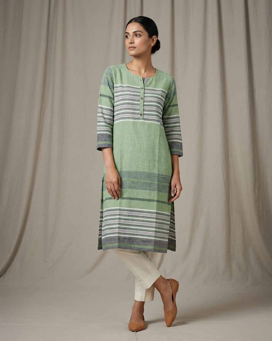 Sage Green Horizontal Striped Cotton Straight Kurta