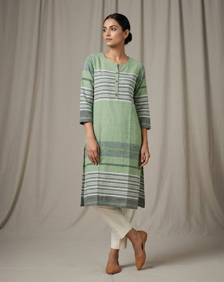 Sage Green Horizontal Striped Cotton Straight Kurta