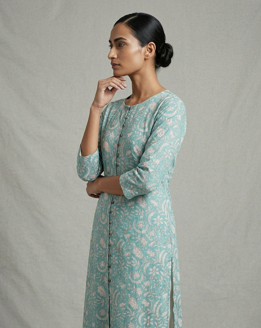 Aqua Blue Intricate Floral Printed Cotton Straight Kurta