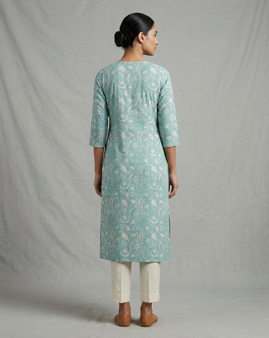 Aqua Blue Intricate Floral Printed Cotton Straight Kurta