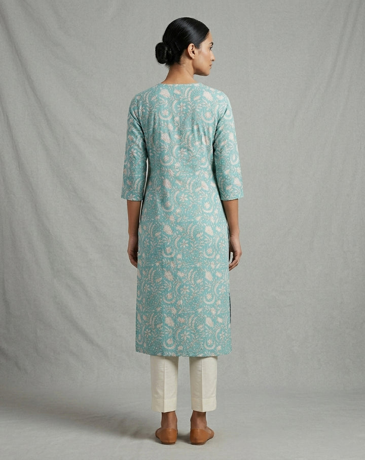 Aqua Blue Intricate Floral Printed Cotton Straight Kurta
