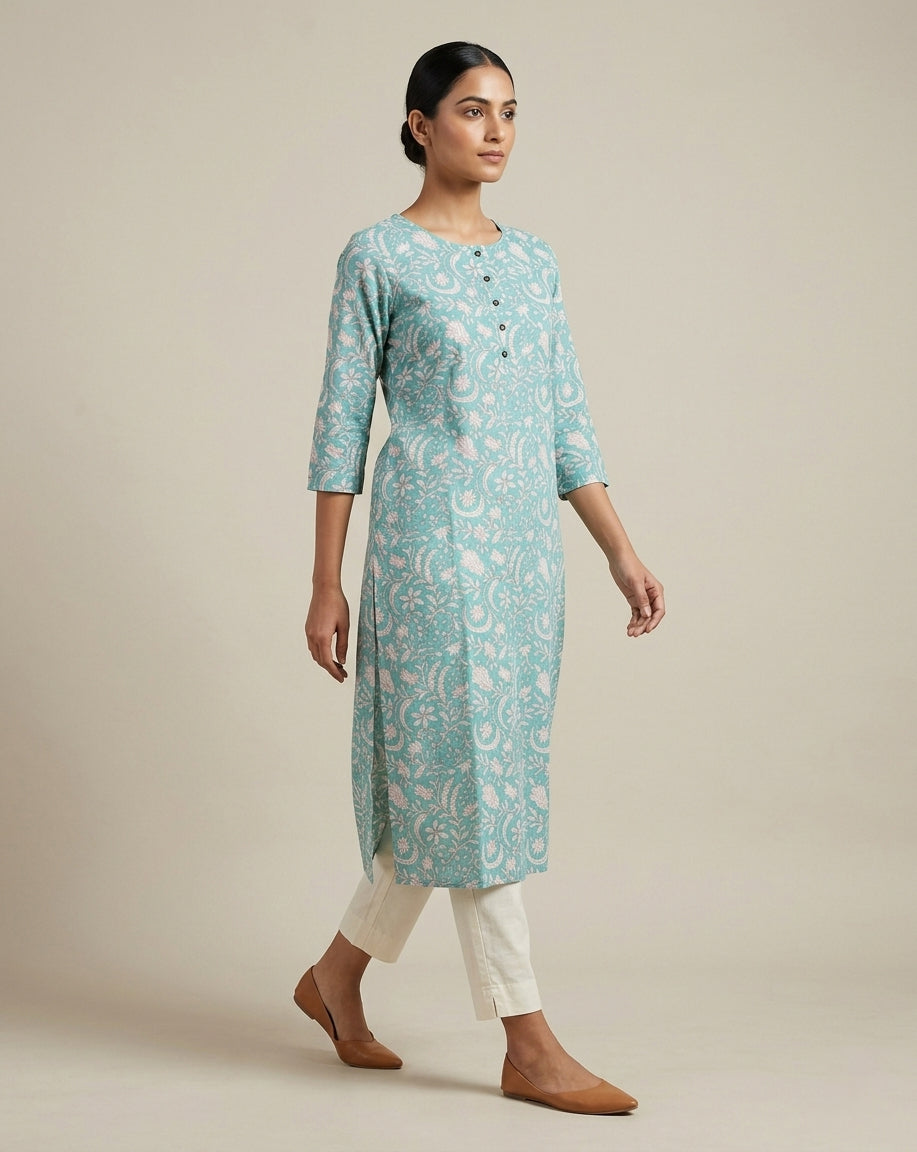 Aqua Blue Intricate Floral Printed Cotton Straight Kurta