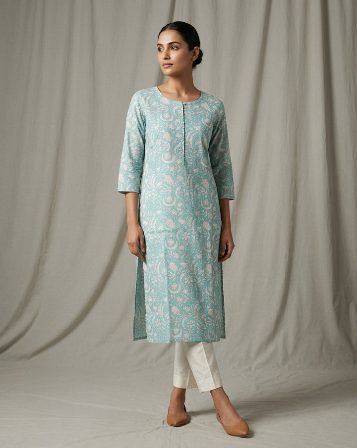 Aqua Blue Intricate Floral Printed Cotton Straight Kurta