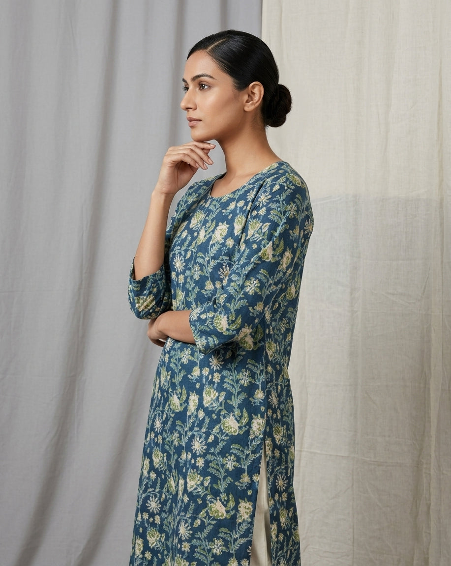 Indigo Blue Floral Block Printed Cotton Straight Kurta