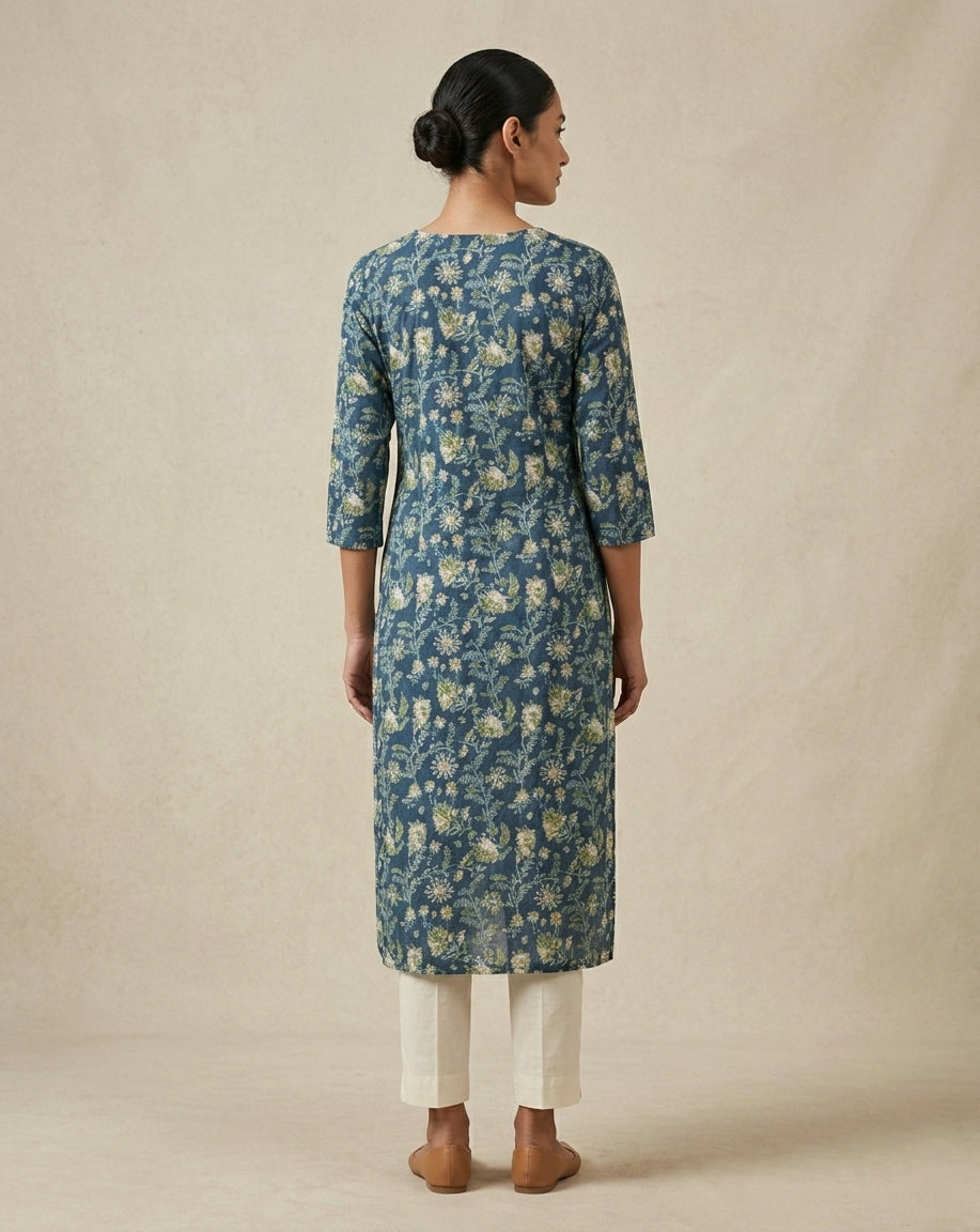 Indigo Blue Floral Block Printed Cotton Straight Kurta