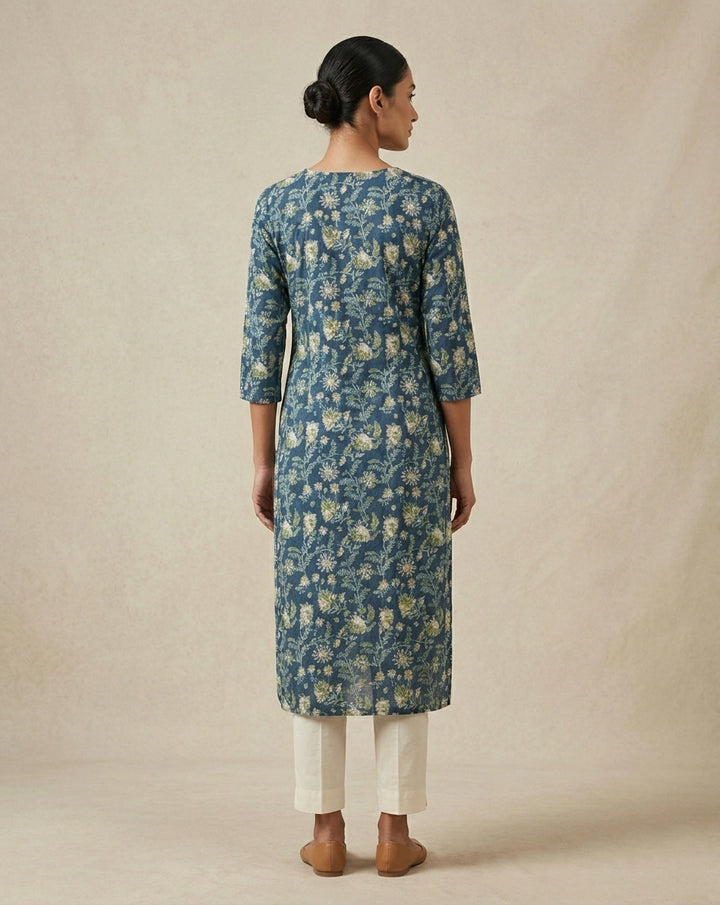 Indigo Blue Floral Block Printed Cotton Straight Kurta