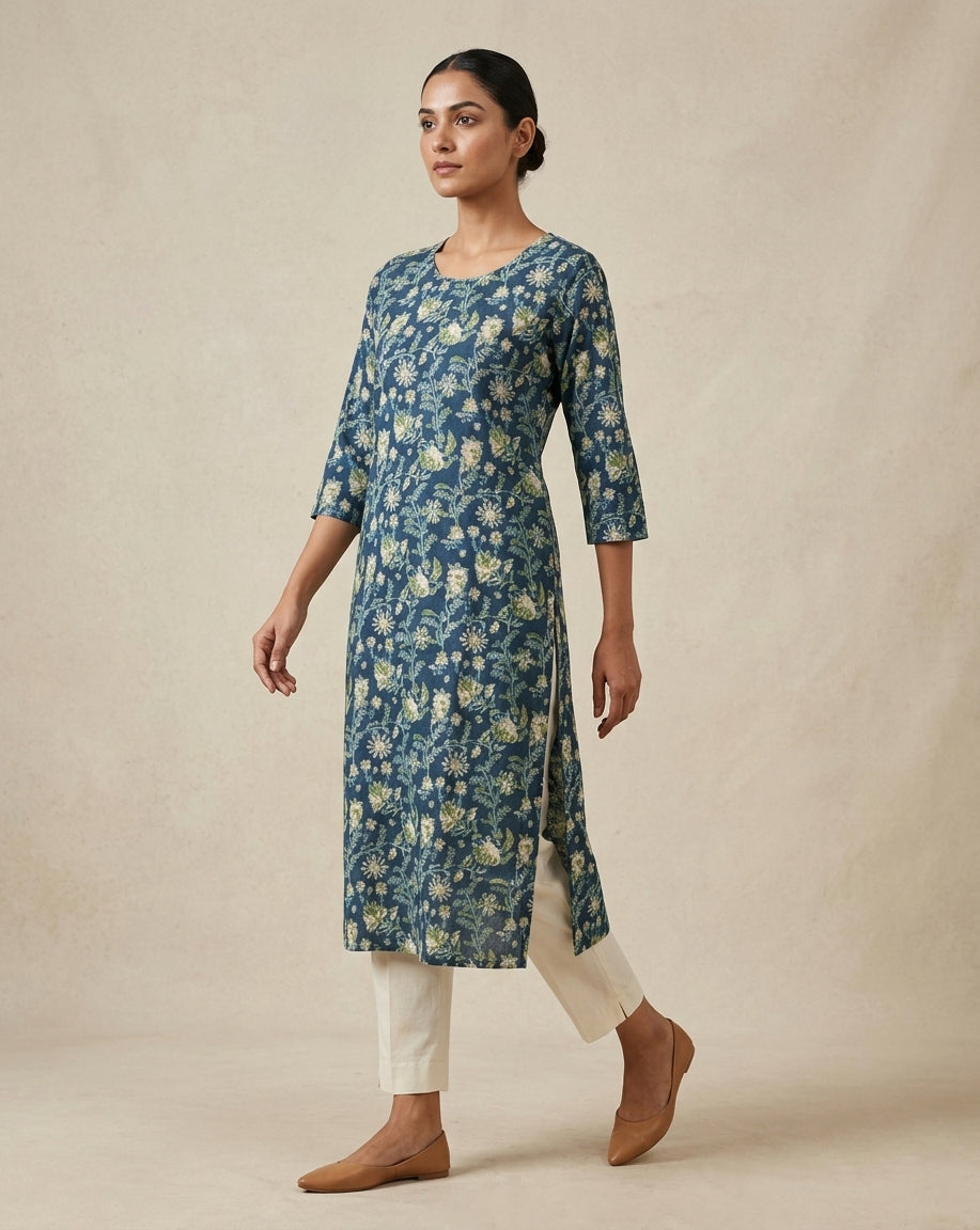 Indigo Blue Floral Block Printed Cotton Straight Kurta