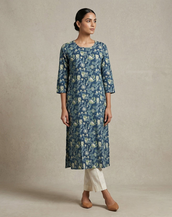 Indigo Blue Floral Block Printed Cotton Straight Kurta