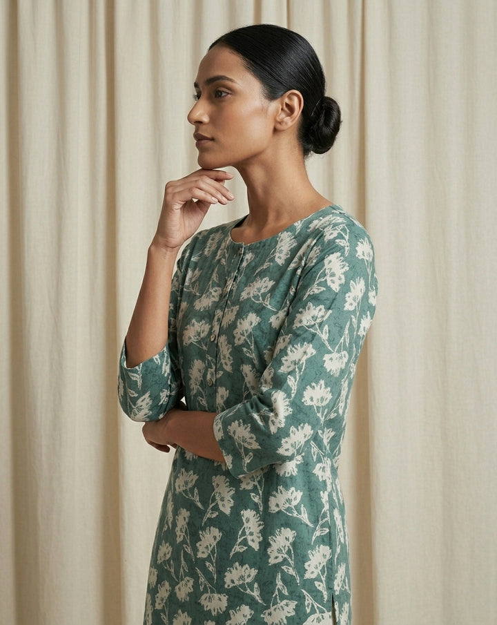 Seafoam Green Floral Block Printed Cotton Straight Kurta