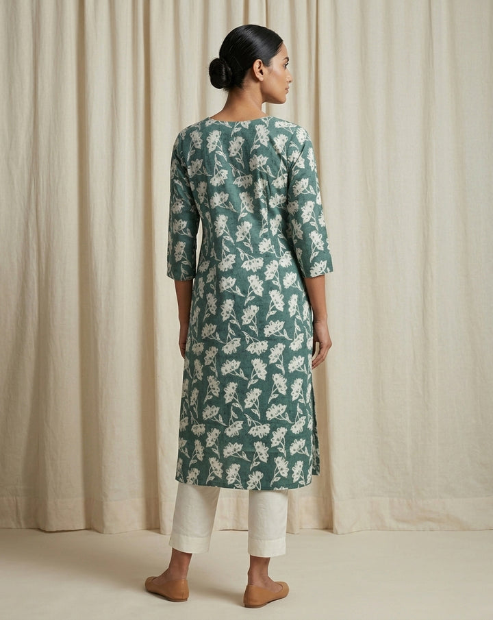 Seafoam Green Floral Block Printed Cotton Straight Kurta