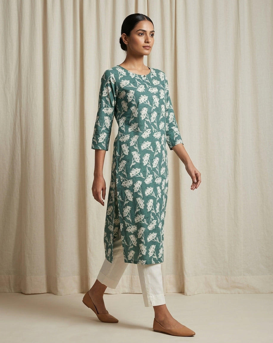 Seafoam Green Floral Block Printed Cotton Straight Kurta