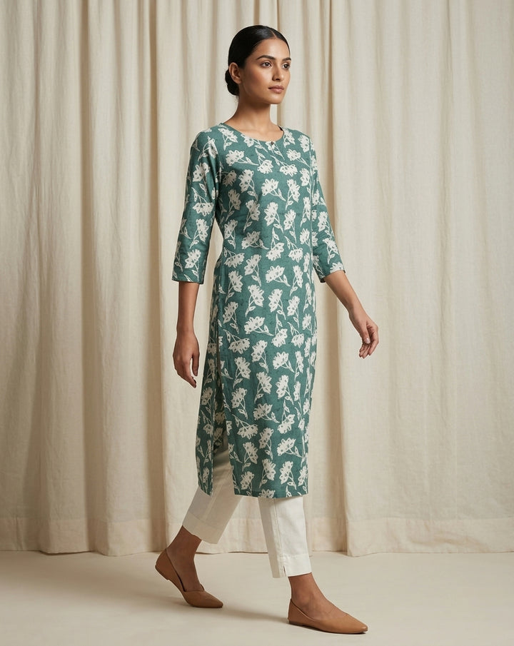 Seafoam Green Floral Block Printed Cotton Straight Kurta