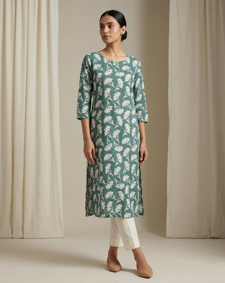 Seafoam Green Floral Block Printed Cotton Straight Kurta