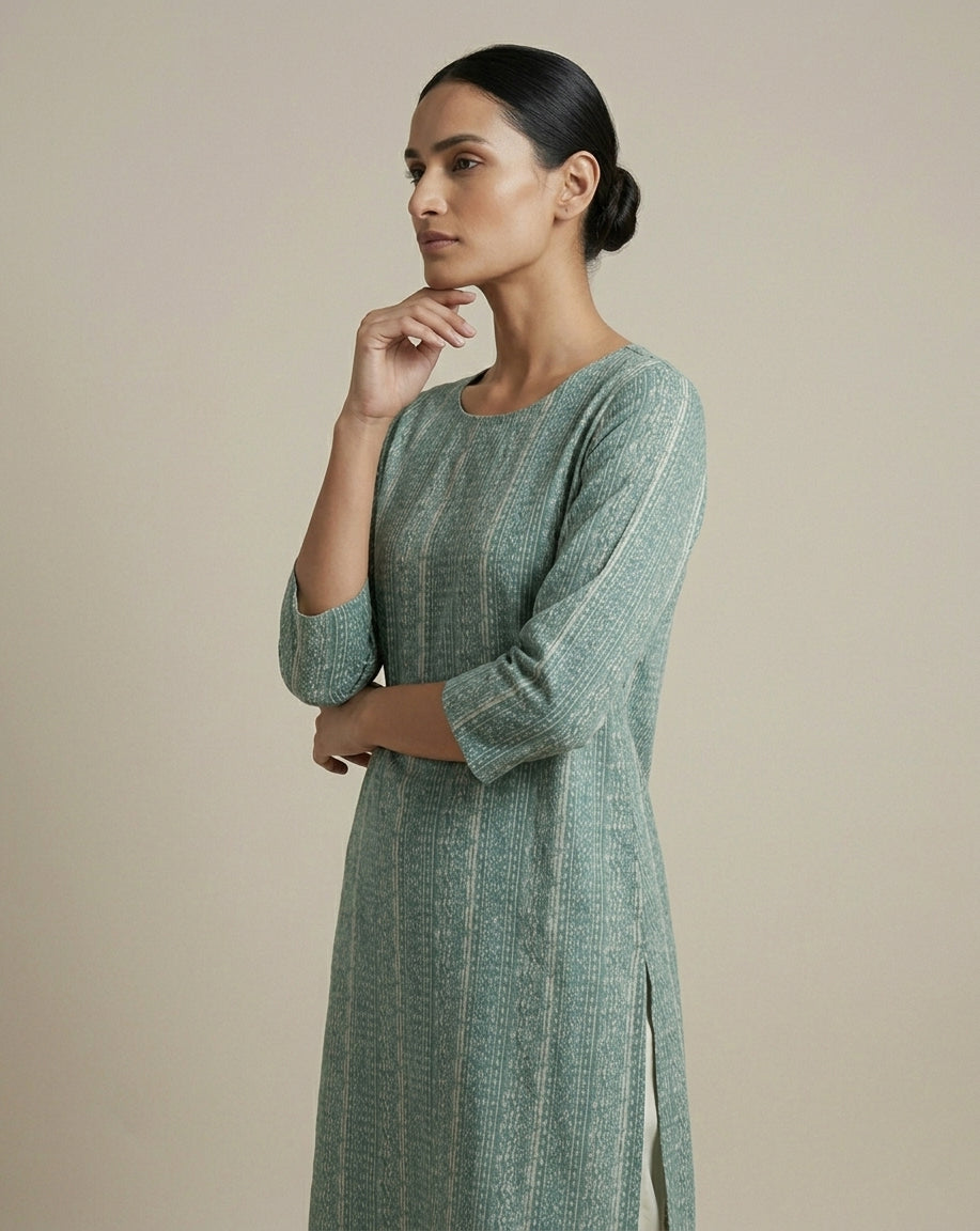 Teal Blue Vertical Geometric Printed Cotton Straight Kurta