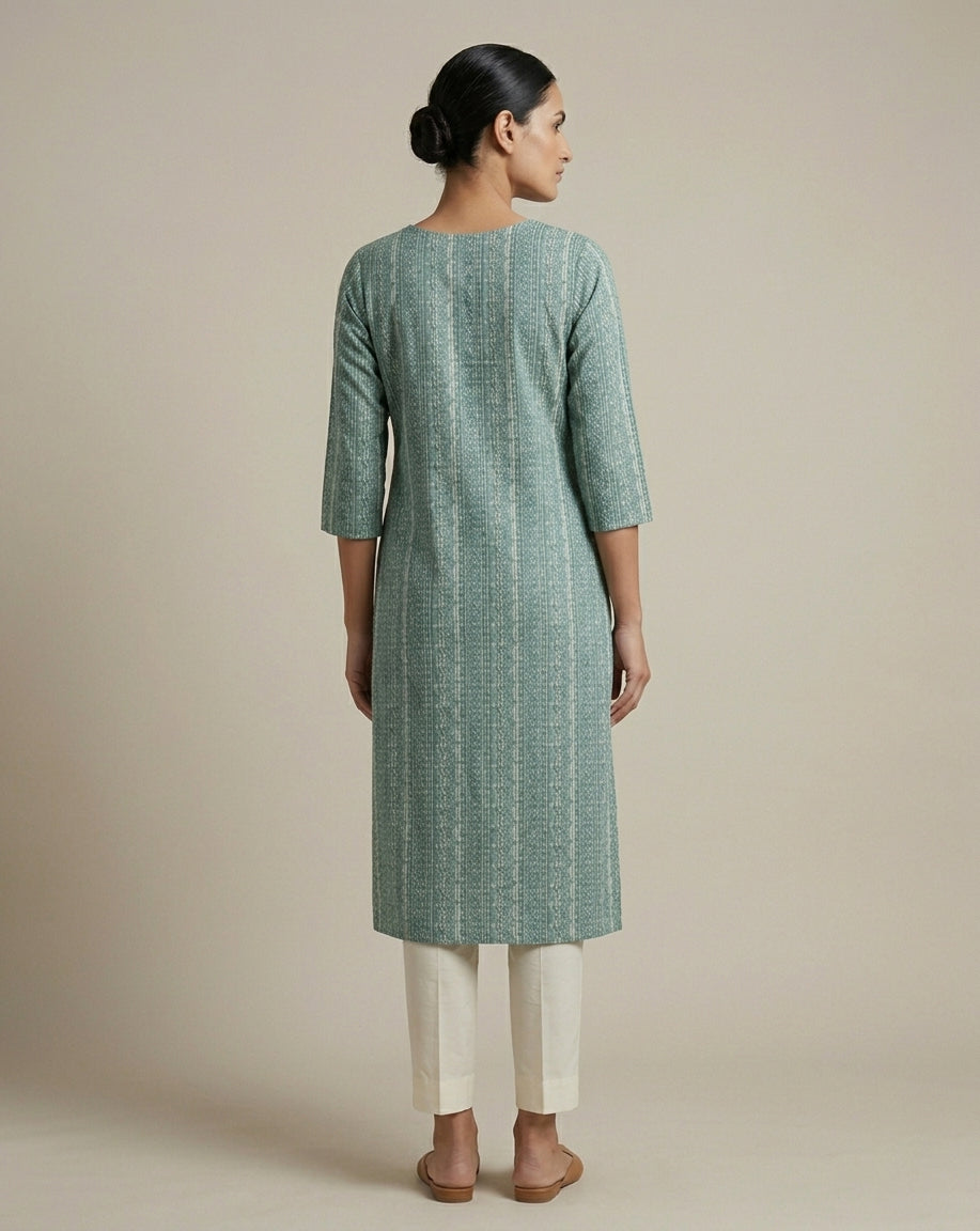 Teal Blue Vertical Geometric Printed Cotton Straight Kurta