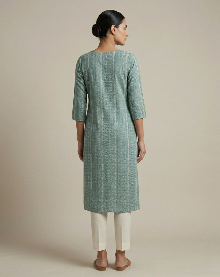 Teal Blue Vertical Geometric Printed Cotton Straight Kurta