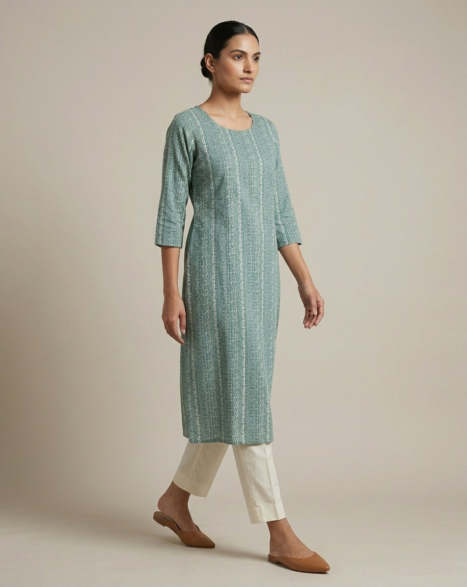 Teal Blue Vertical Geometric Printed Cotton Straight Kurta